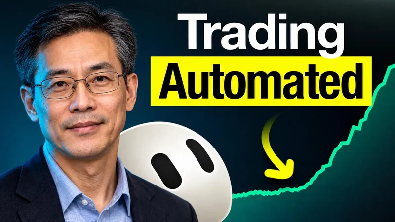a creator beside a white robot face and a rising green chart, headline trading automated