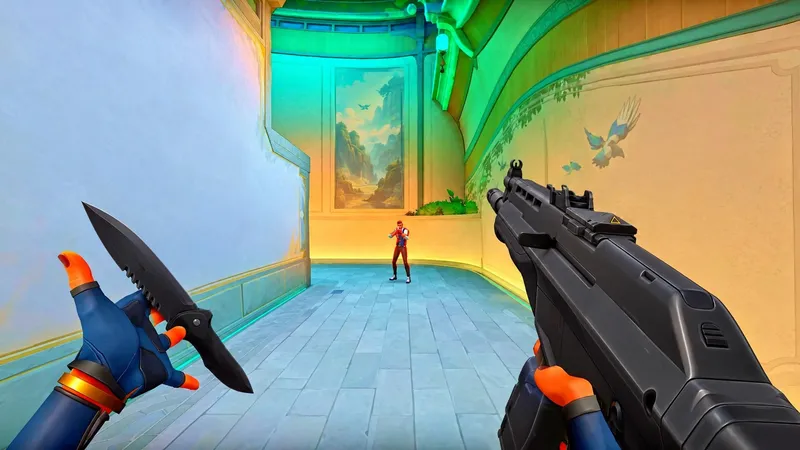 a VALORANT first-person view of a knife and a Vandal in their default finish, an enemy agent at the end of a corridor