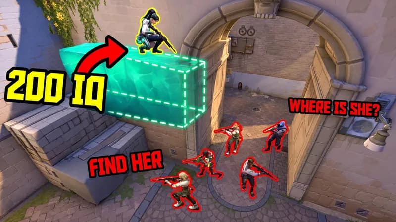a VALORANT hiding spot: Sage crouching on her own Barrier Orb wall as five enemy agents search below a stone arch