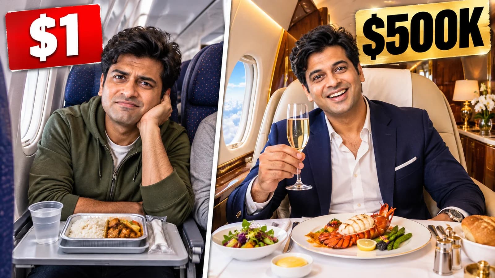 A WThumb budget challenge thumbnail comparing a one dollar flight with a five hundred thousand dollar flight