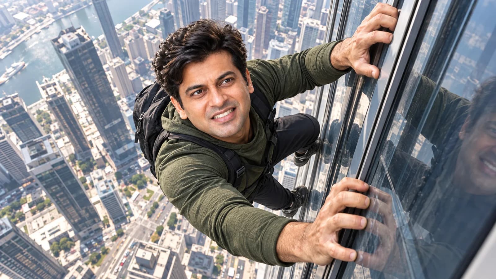A WThumb height challenge thumbnail with a creator climbing the glass wall of a skyscraper