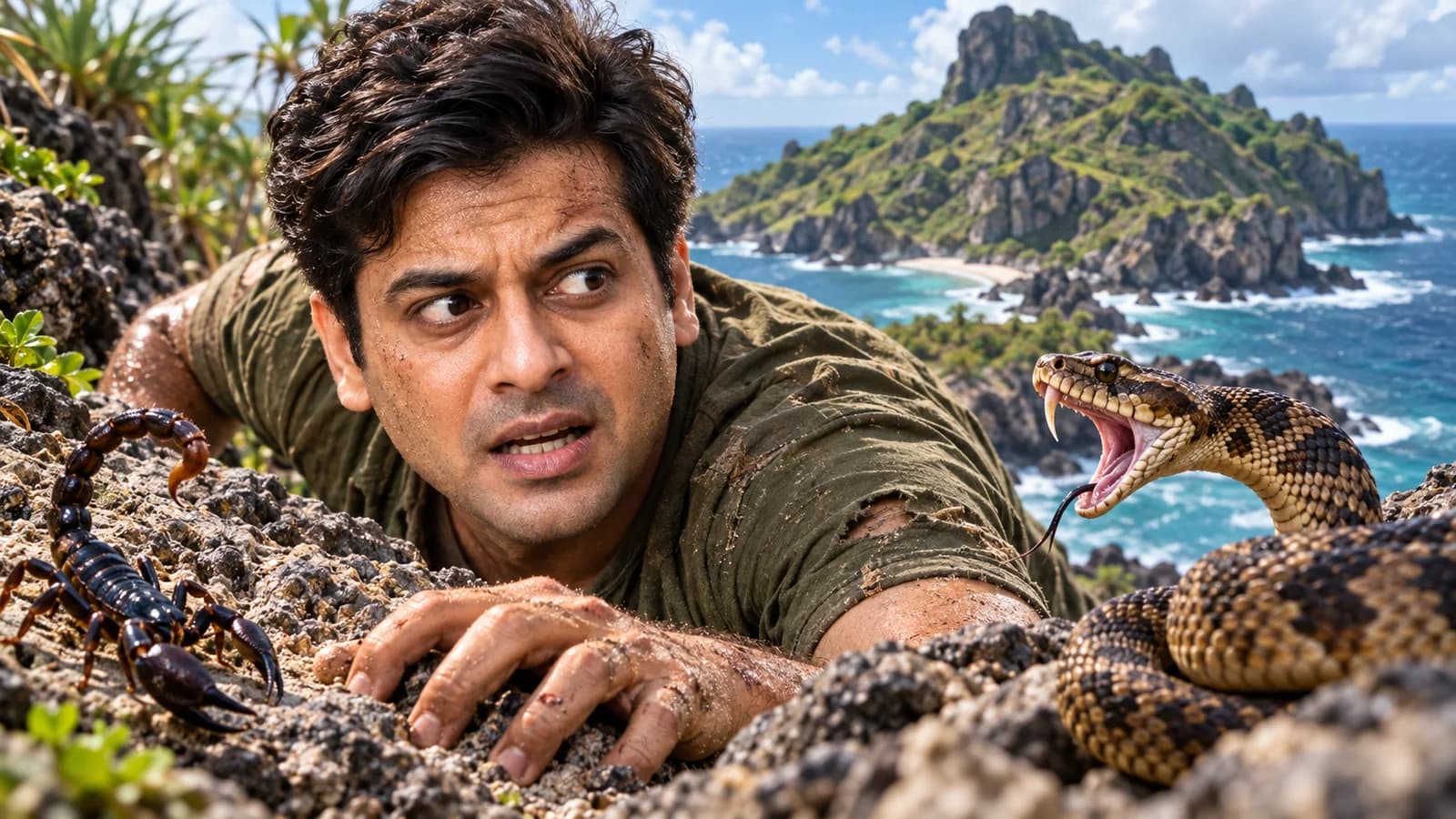 A WThumb survival challenge thumbnail with a creator on an island between a scorpion and a snake